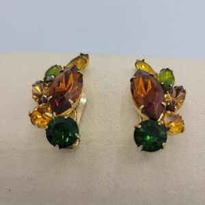 Vintage Earrings •Brown, Yellow & Green Clip-On • Goldtone Metal Base